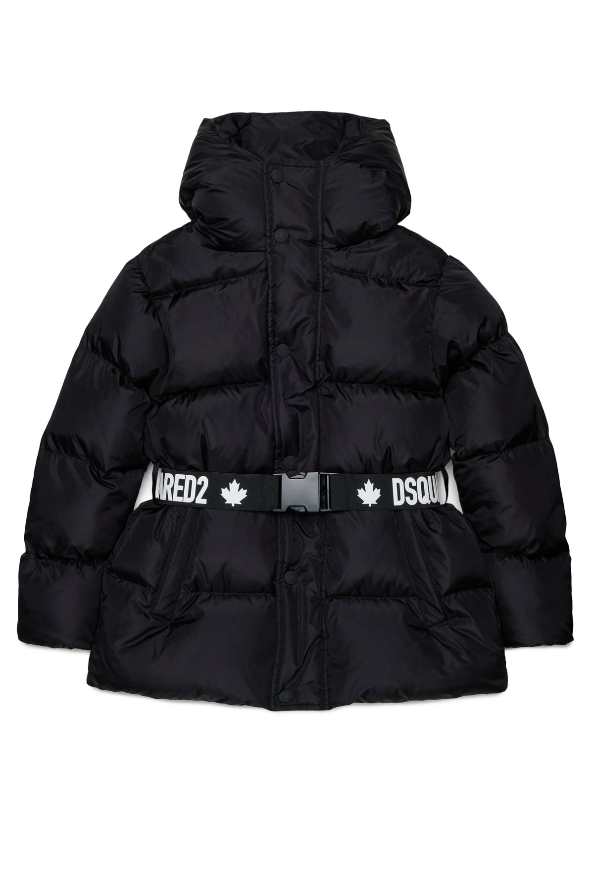 Long padded jacket with branded belt