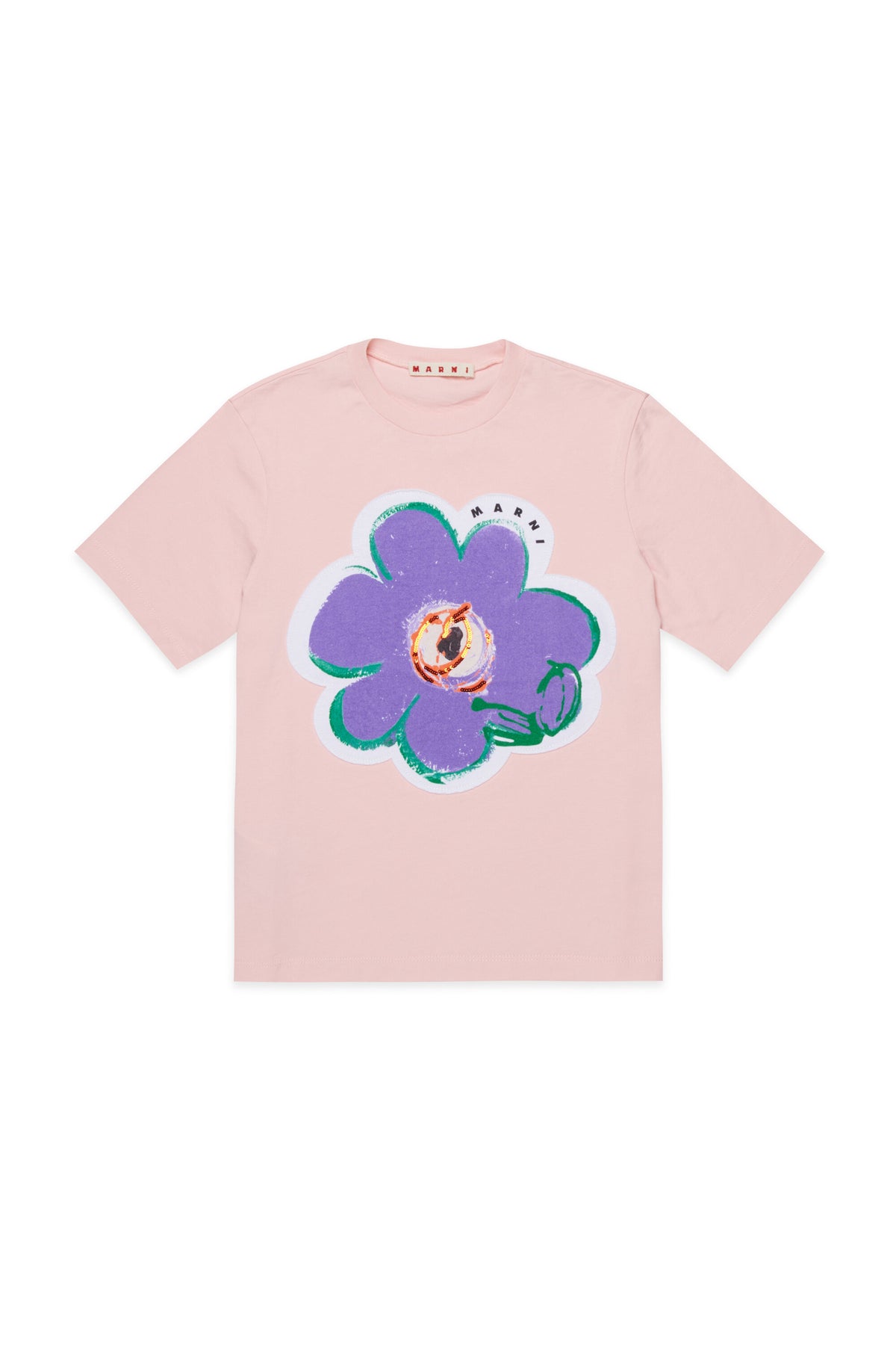 T-shirt with appliqué flower and logo