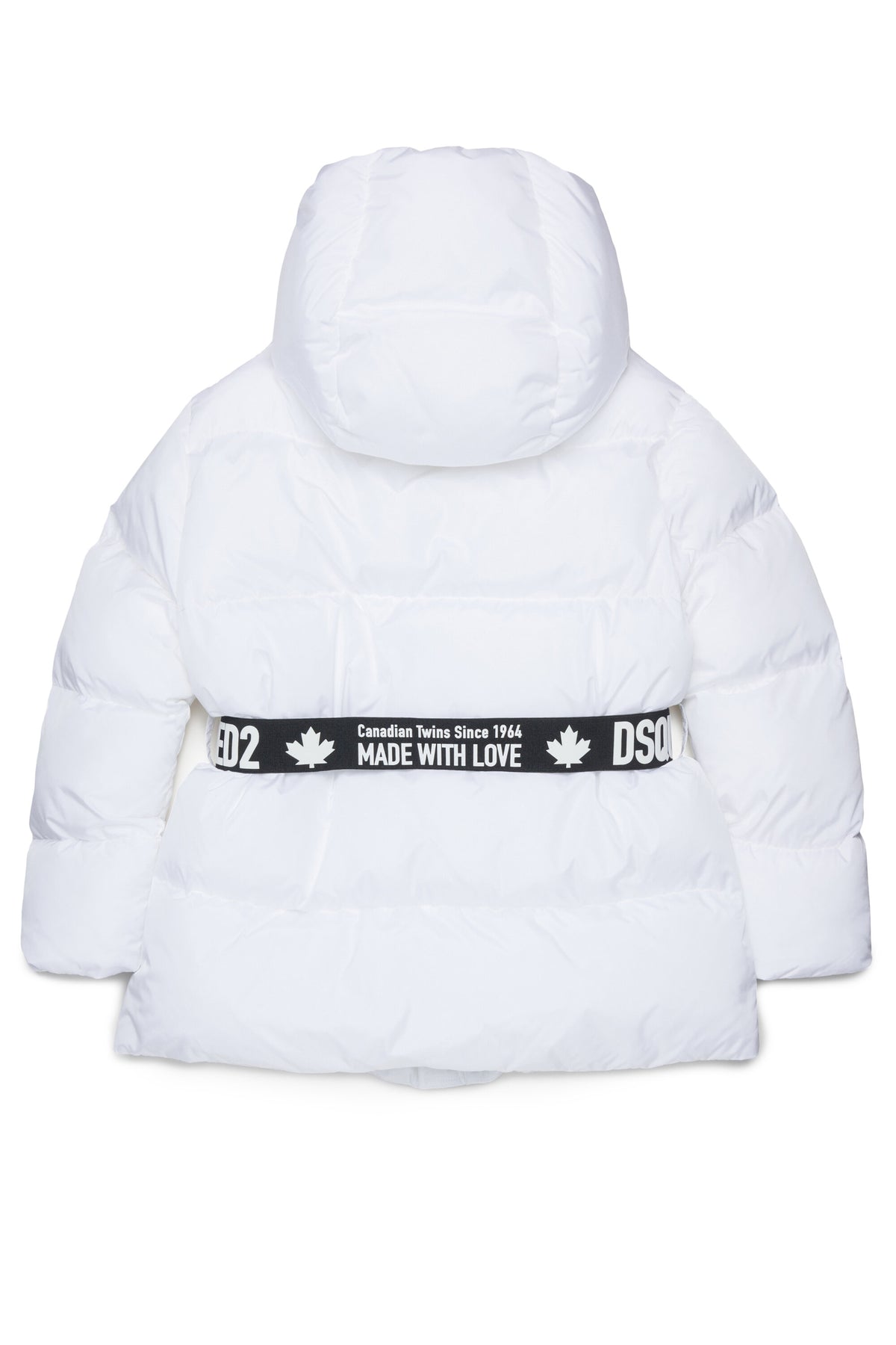 Long padded jacket with branded belt