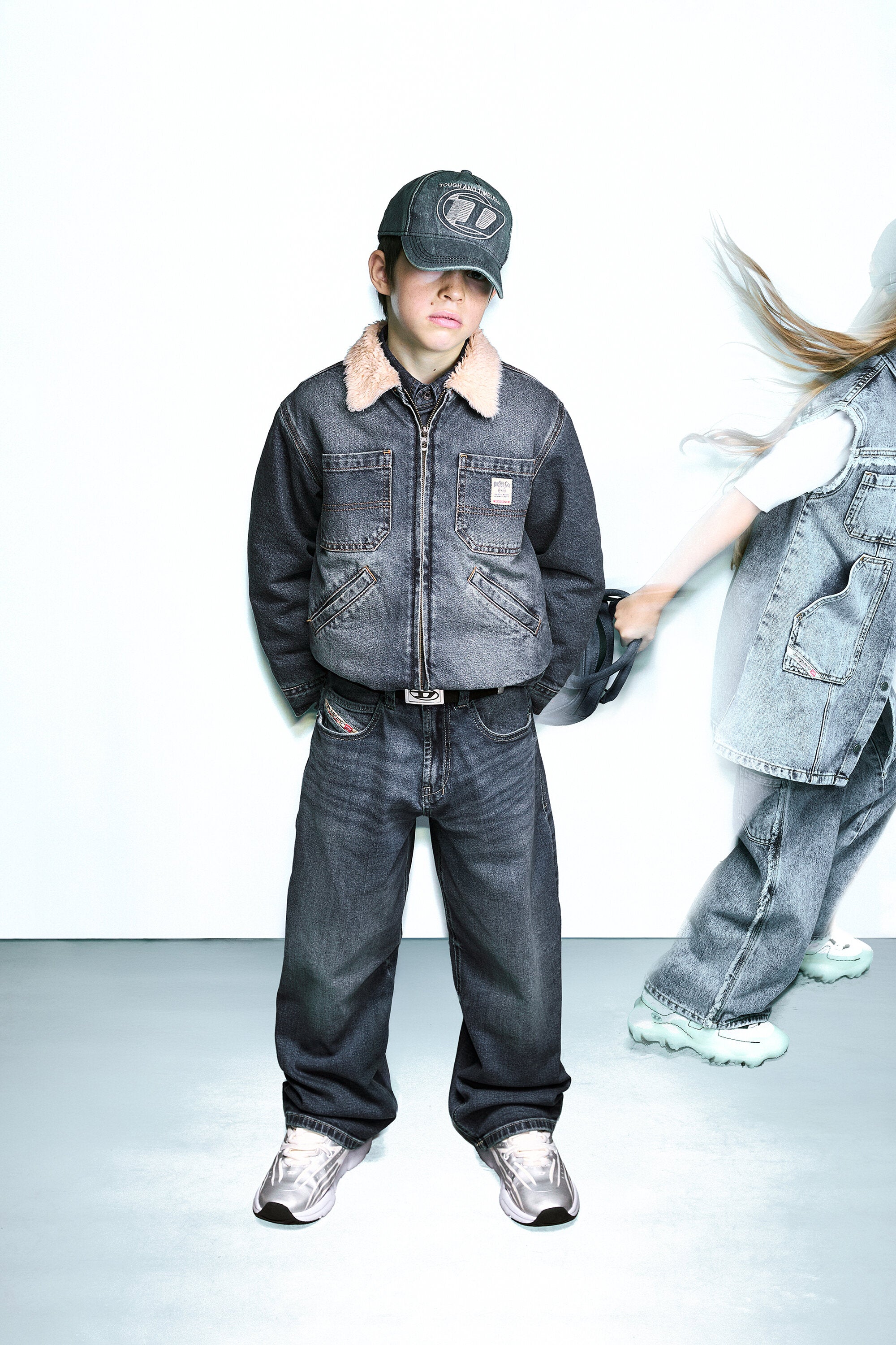 Denim jacket with shearling and printed logo