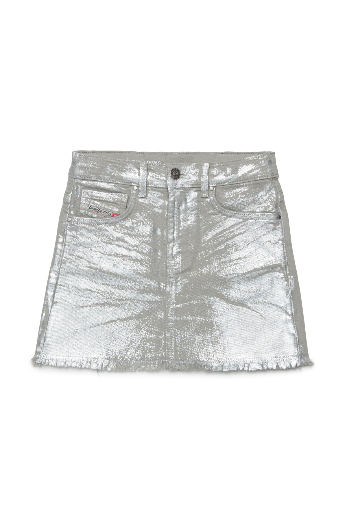 Laminated mini skirt with a fringed effect