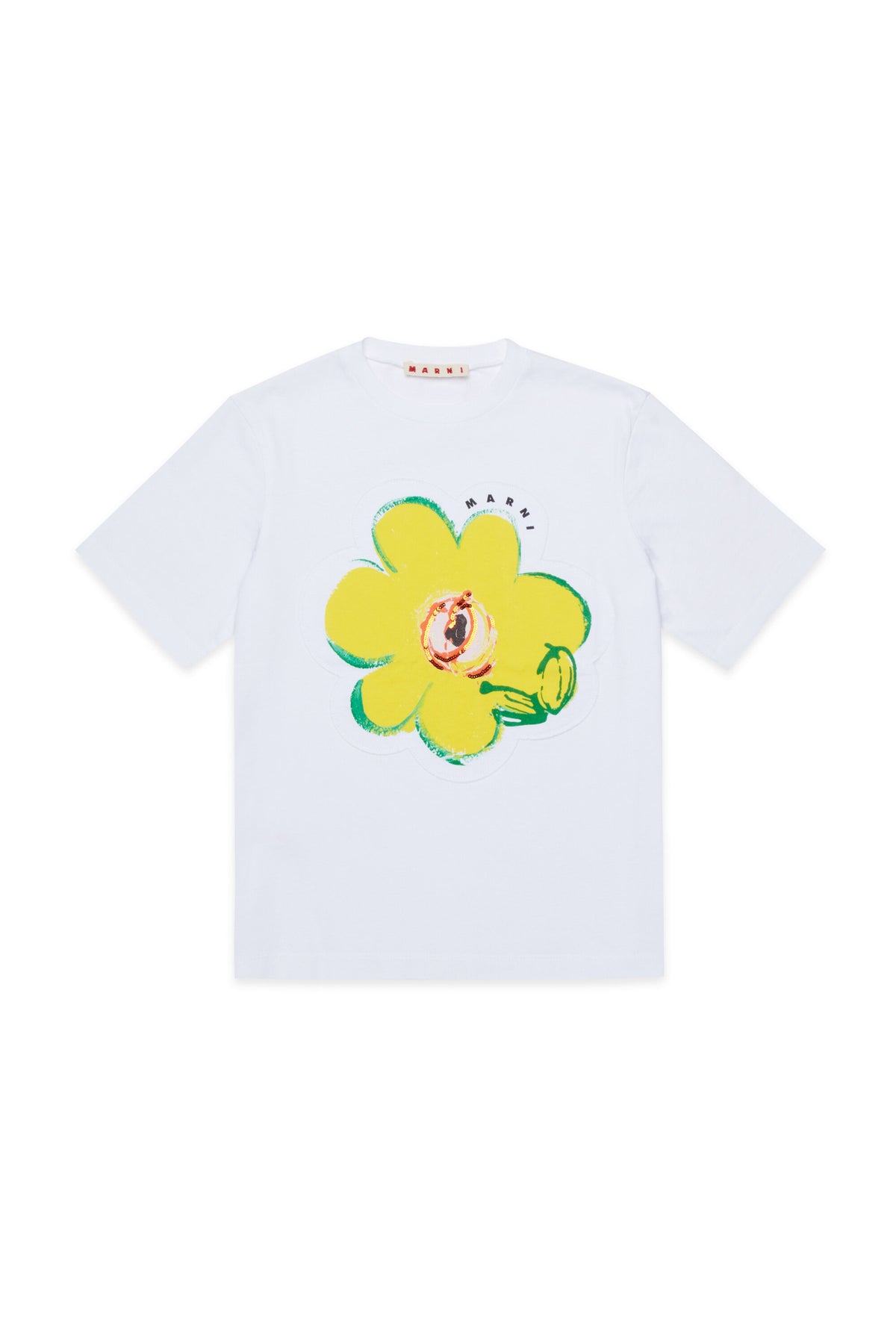 T-shirt with appliqué flower and logo