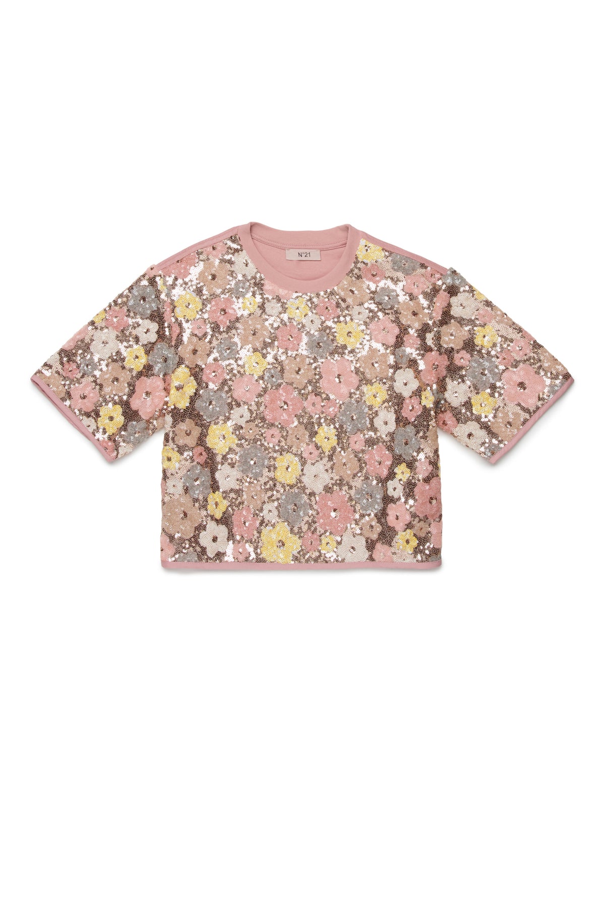 Camiseta de cuello redondo con lentejuelas florales