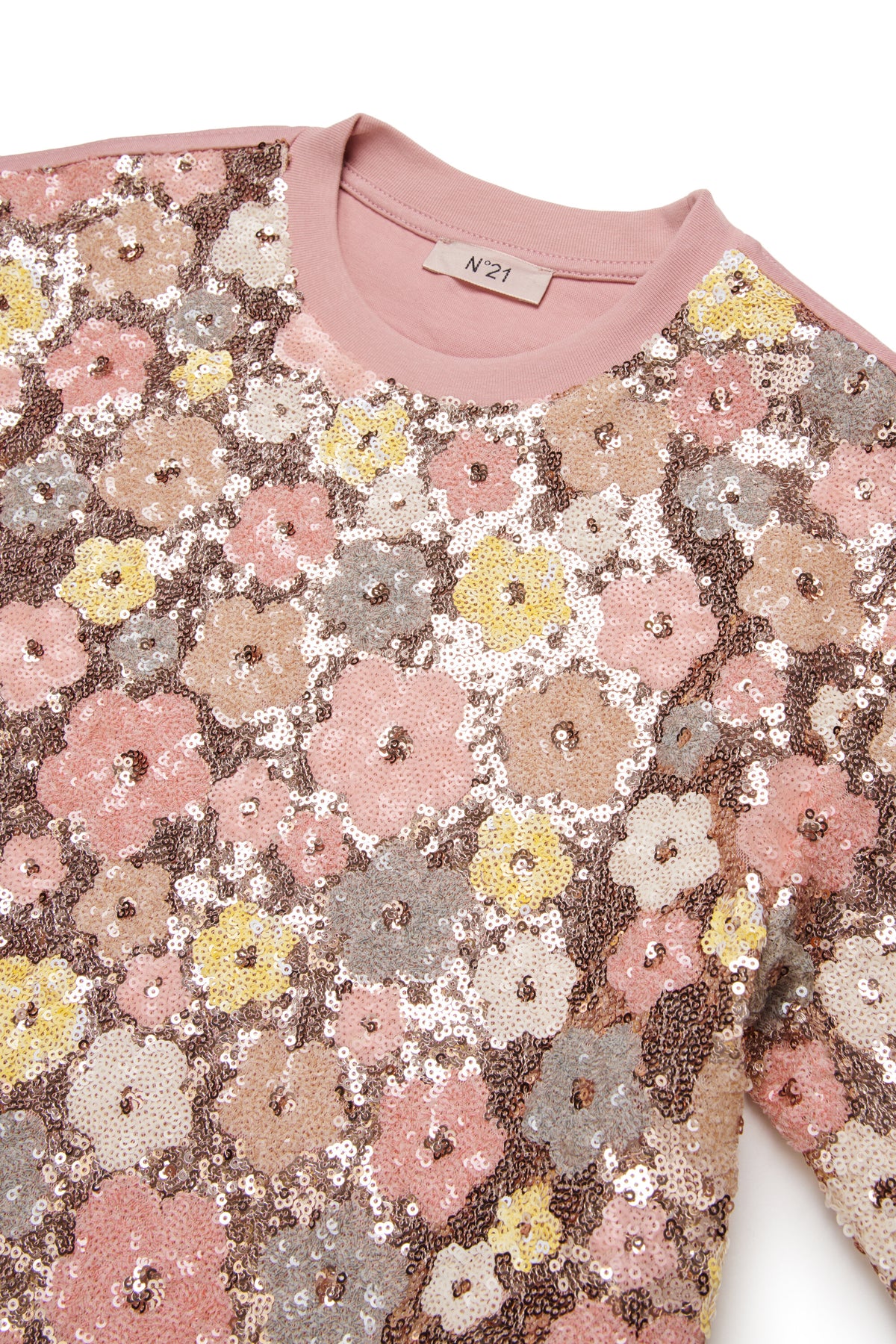 Camiseta de cuello redondo con lentejuelas florales