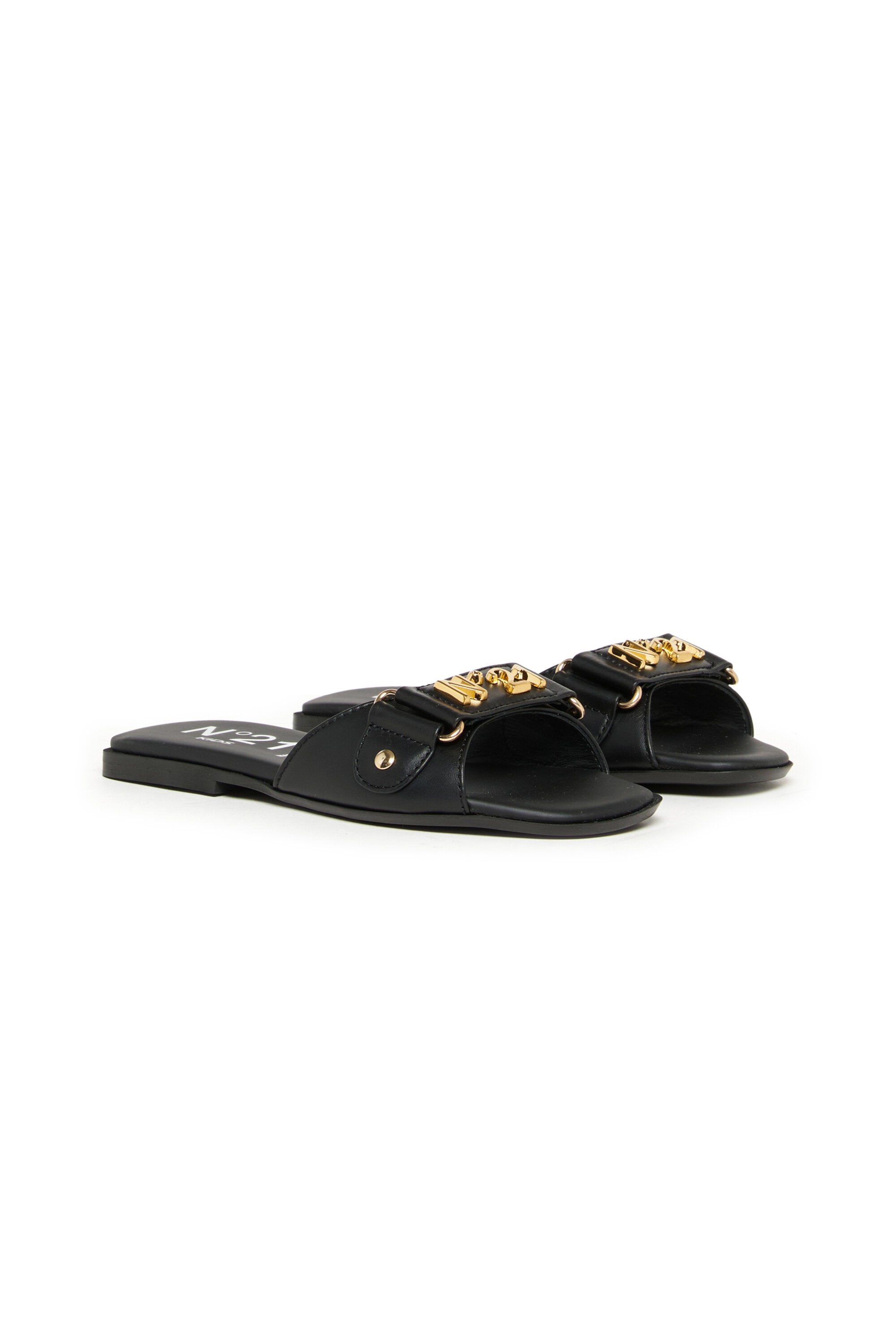 Leather slides with metal logo